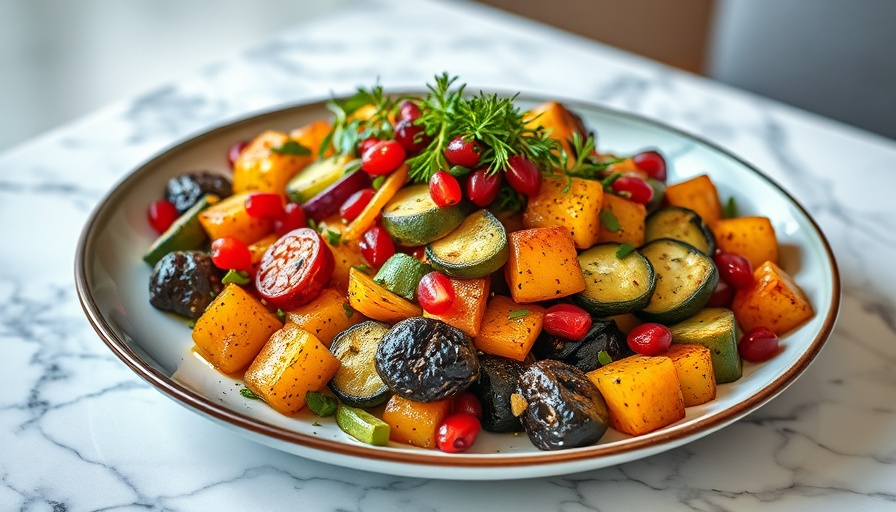 Healthy entertaining menu featuring roasted vegetables with pomegranate.