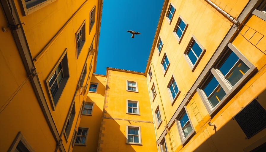 Looking up between buildings at bird in sky, anxiety disorders management metaphor.