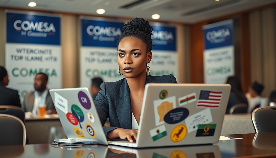 Businesswoman discussing digital transformation in Eastern and Southern Africa at a COMESA conference.