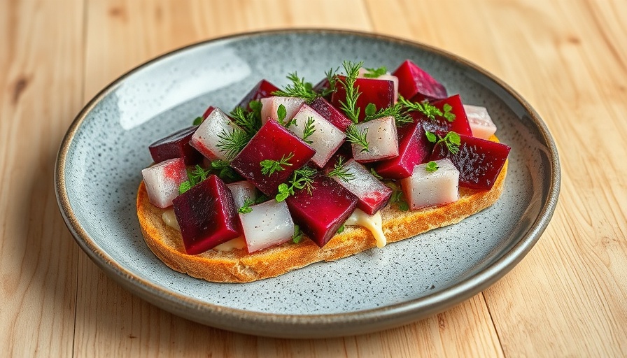 Herring Beet Apple Salad on crispbread with dill garnish.