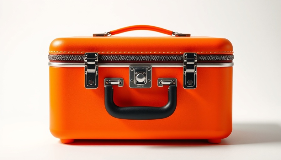 Bright orange vanity case with gold zippers in a minimalist setting.