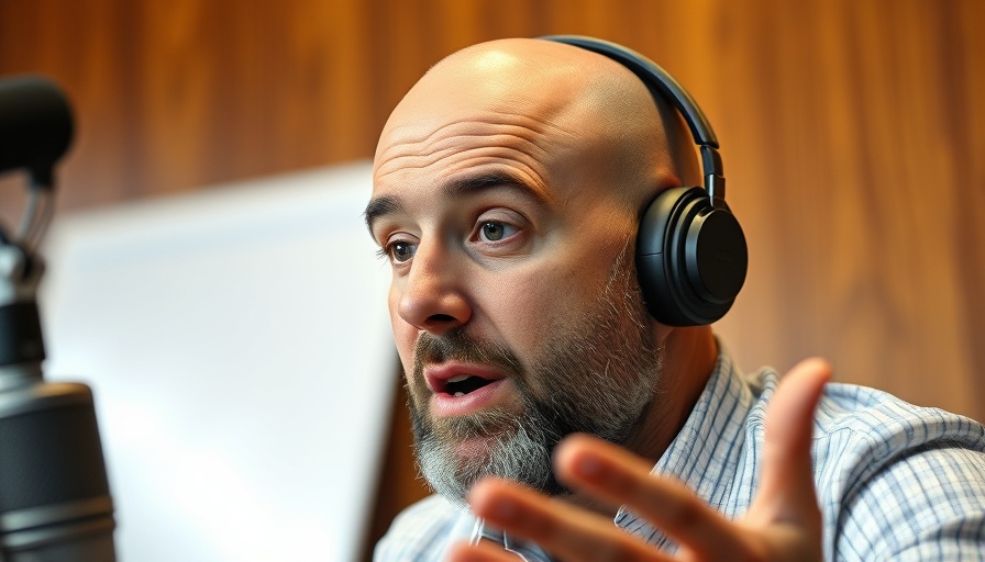 Man discussing podcast topic, microphone and wooden background.