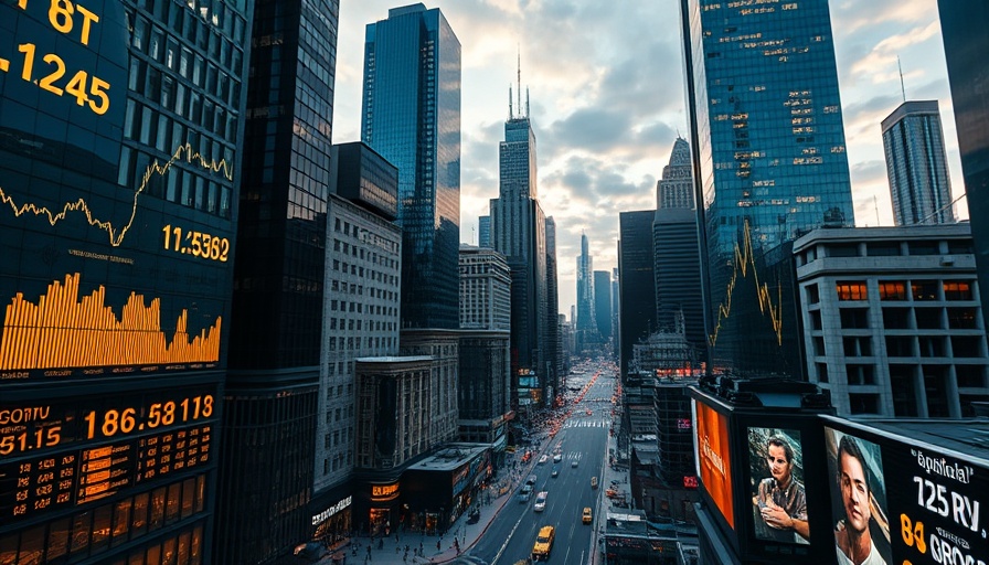 Modern financial district with gold and forex data displays, futuristic style.