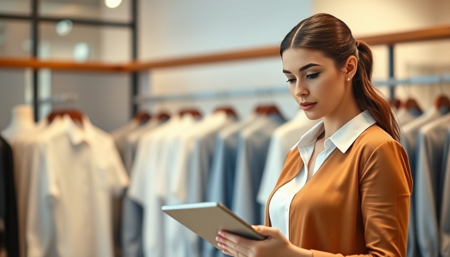 Professional woman gathers real-time product insights in a clothing store.