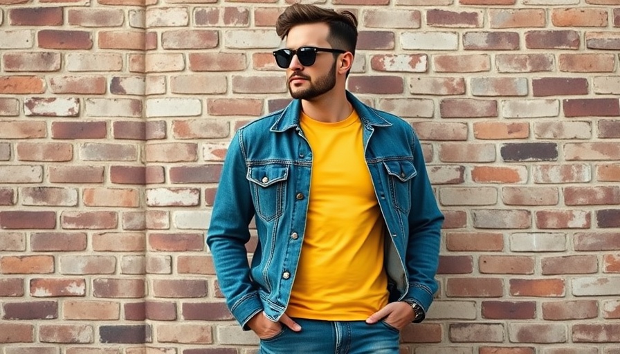 Fashionable person in vintage blue and yellow double denim outfit.