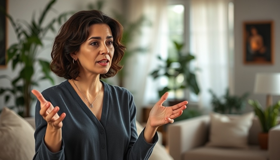 Confident woman discussing post-separation abuse in a cozy living room.