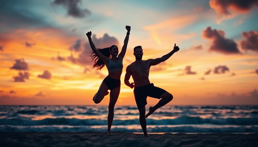 Silhouetted fitness couple on beach during sunset.