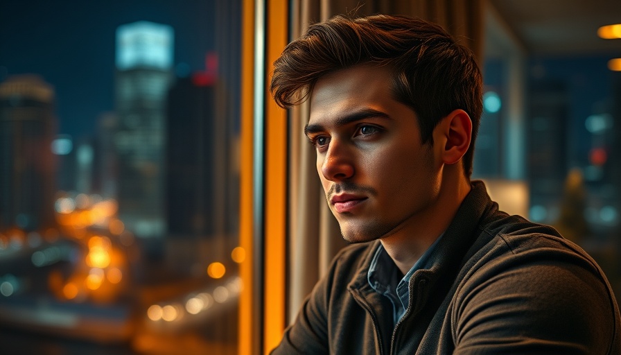 Young man discussing stock market predictions in city view at night.