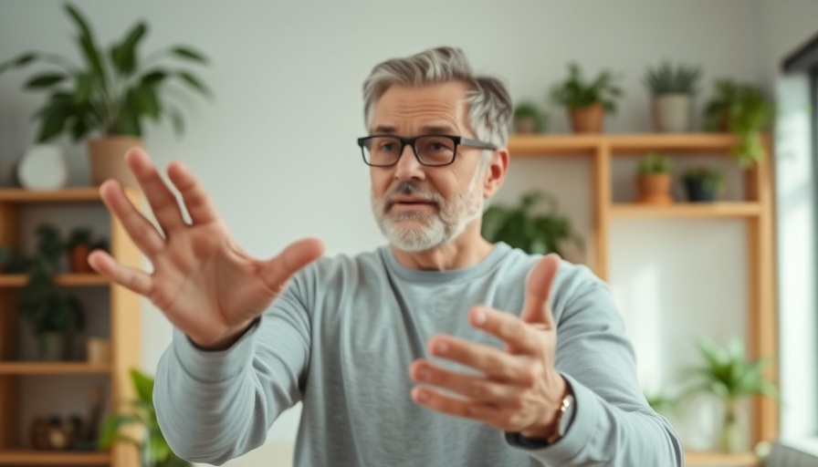 Middle-aged man demonstrating OCD recovery techniques in cozy room