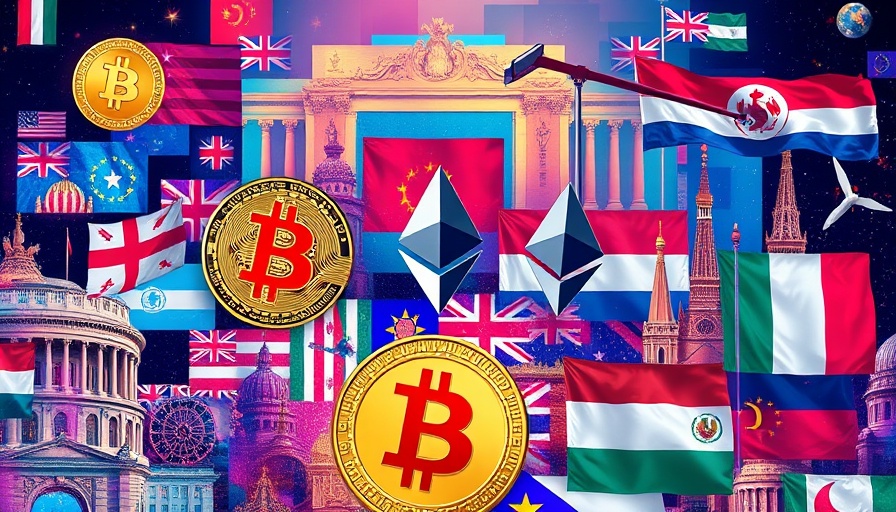 Bitcoin Analysis in digital collage with cryptocurrency symbols and flags.