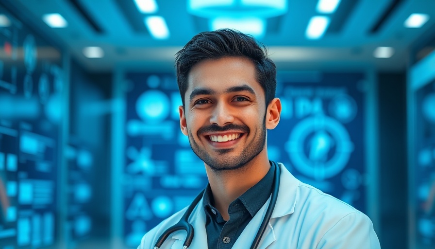 Young doctor confidently standing against blue medical background.
