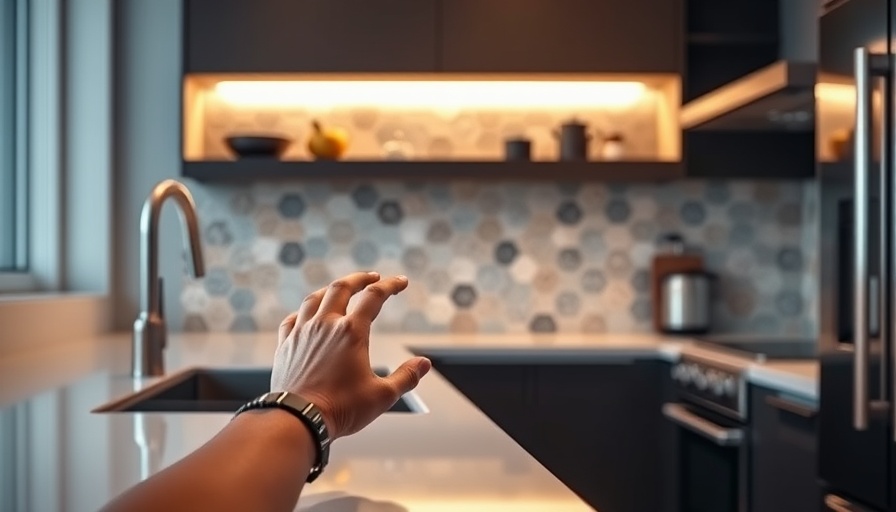 Smart Home Products: Hand interacting with smart tablet in kitchen.