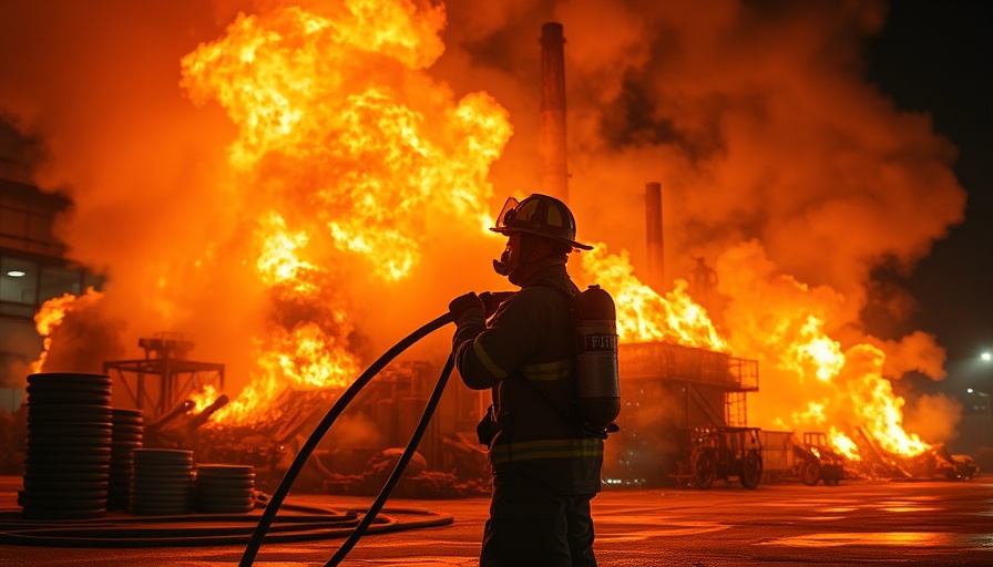 Firefighter battling Johannesburg CBD factory fire at night.