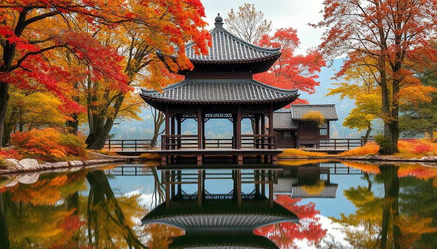 Traditional Korean pavilion in autumn reflecting in a pond, South Korea countryside.