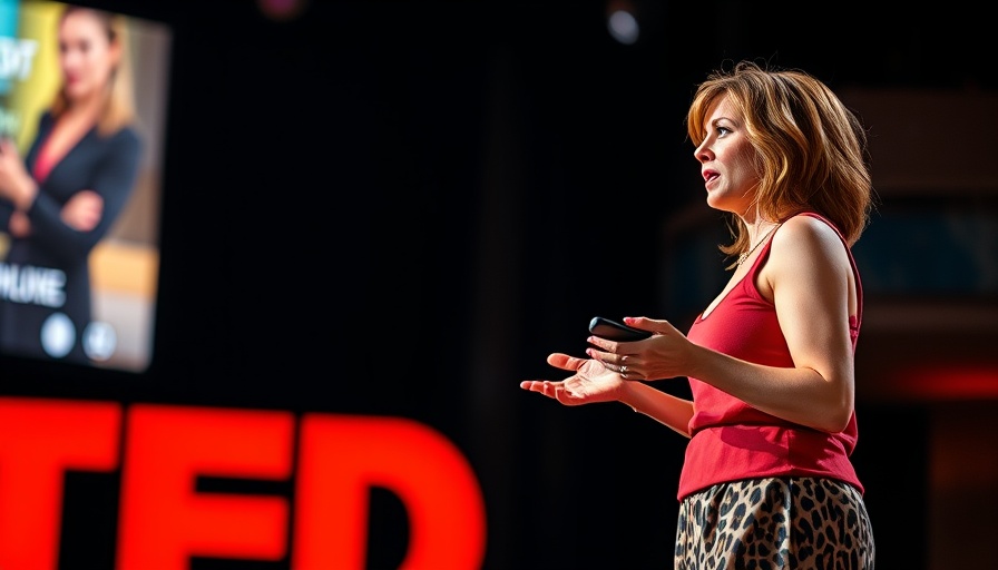 Confident woman discussing sex work and feminism on stage.