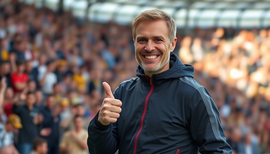 PSG Coach smiles and gives thumbs-up in crowded stadium.