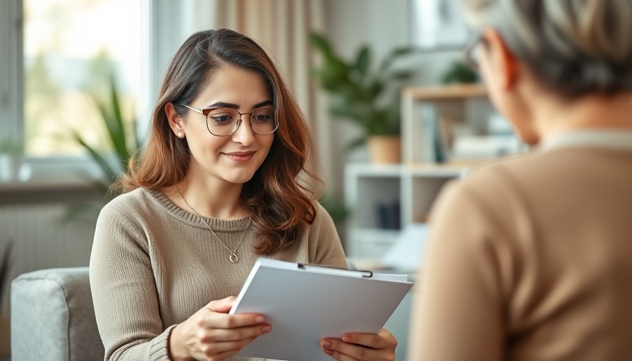 Therapist discussing mental health support with patient in comfortable office.