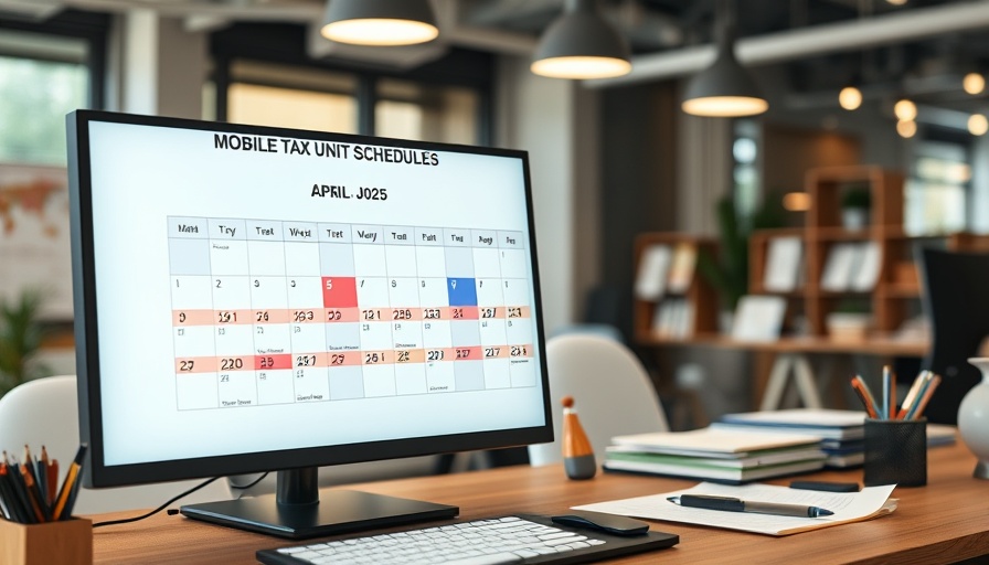 Computer screen showing mobile tax unit schedules April-June 2025.