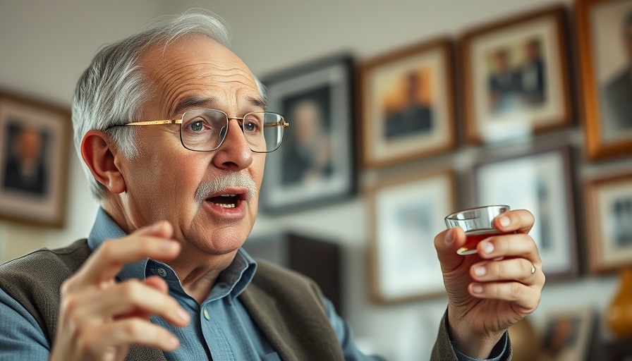 Man holding glass, discussing fake olive oil.