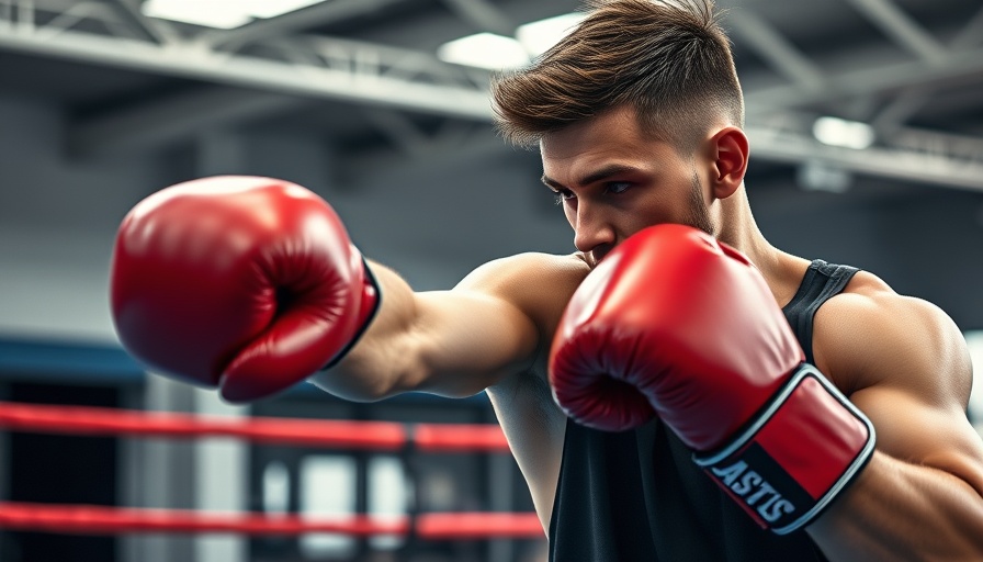 Determined man managing stress through boxing in a gym setting.