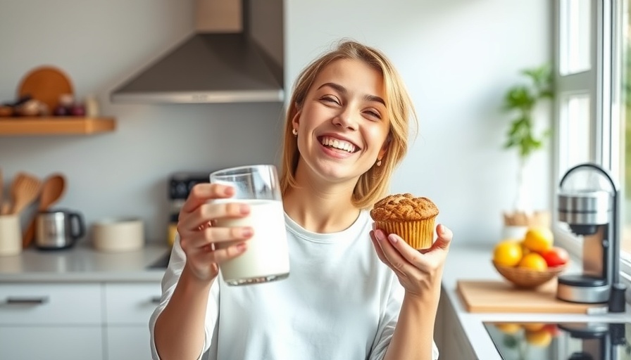 Happy woman enjoying quick healthy breakfast with milk and muffin.