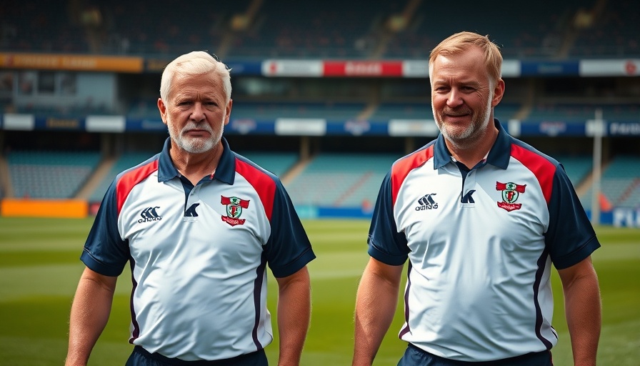 Everitt and White rugby reunion on field with coaching shirts.