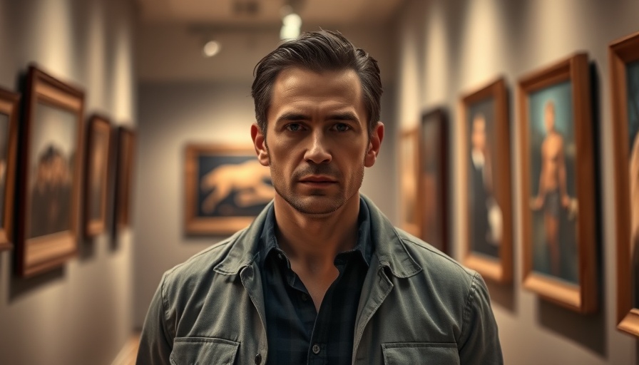 Distinguished gentleman in art exhibition setting with subdued lighting.