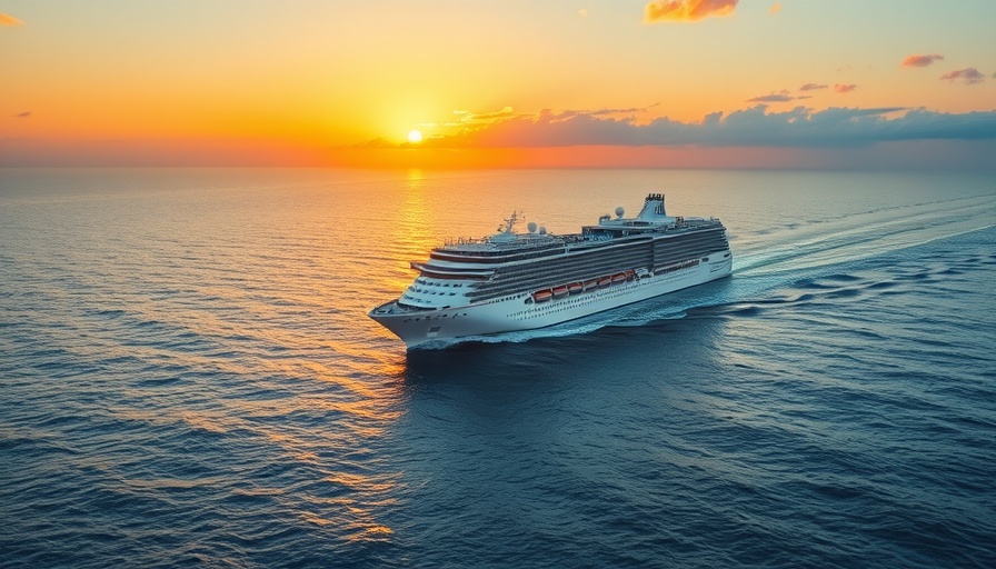 Norwegian Sun cruise ship at sunset with skyline in distance.
