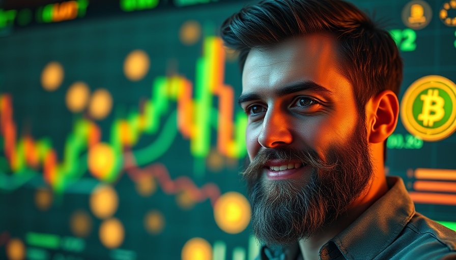 Bearded man surrounded by crypto symbols, smiling confidently.
