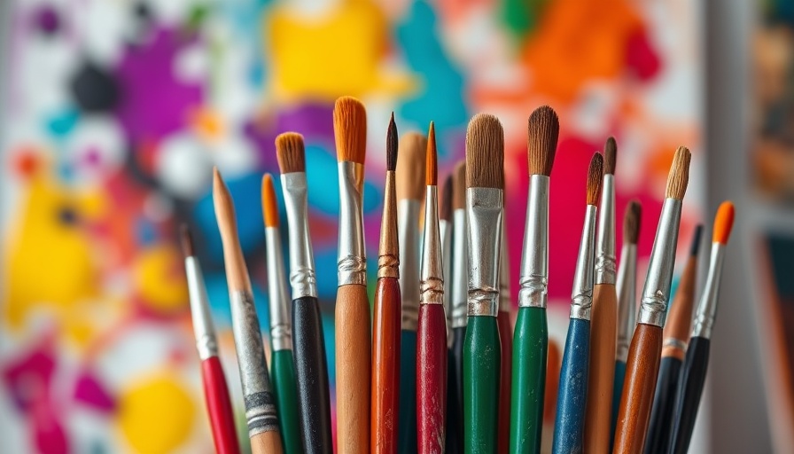 Paintbrushes and colorful artwork at Clarens Arts Festival.