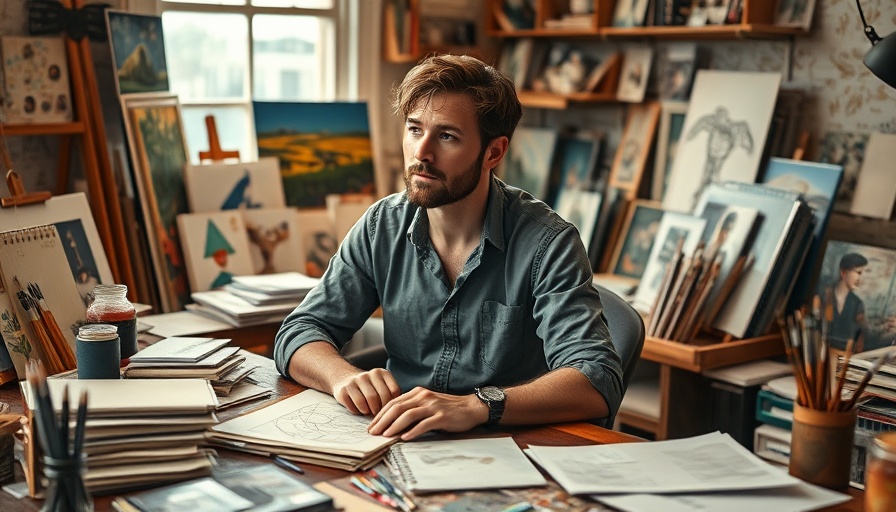 Creative individual pondering success impact in art studio.