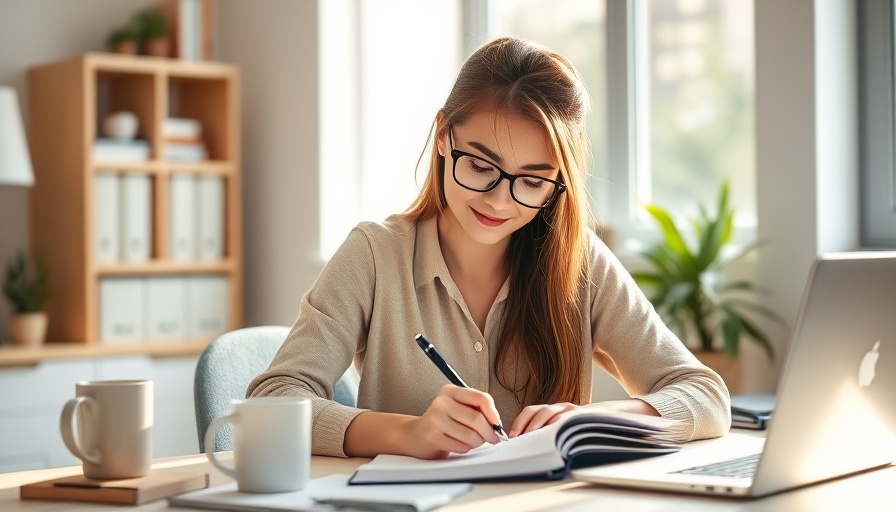 Professional woman writing in a notebook as part of morning rituals.