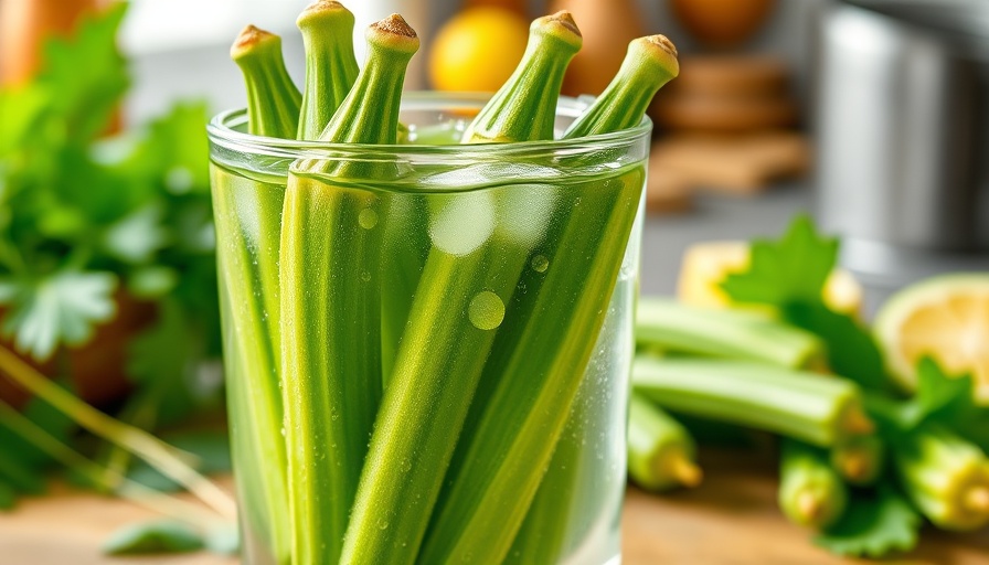 Glass of water with fresh green okra for okra water benefits.