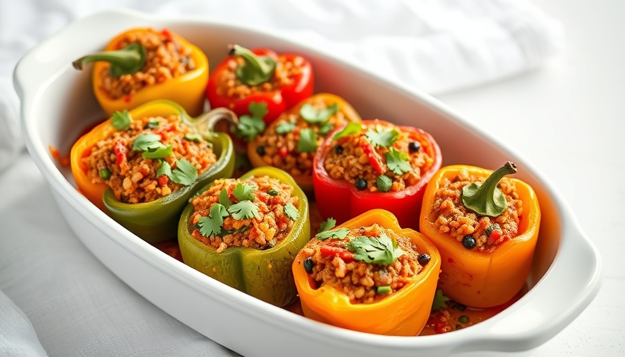 Freshly baked Mexican stuffed peppers in a white dish.