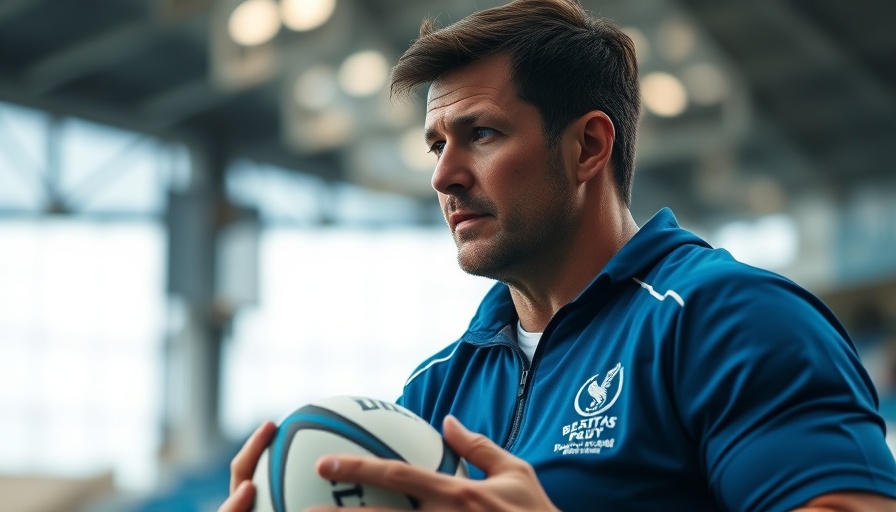 Rugby coach in blue gear holding rugby ball at stadium, Franco Smith Jacques Nienaber rugby match.