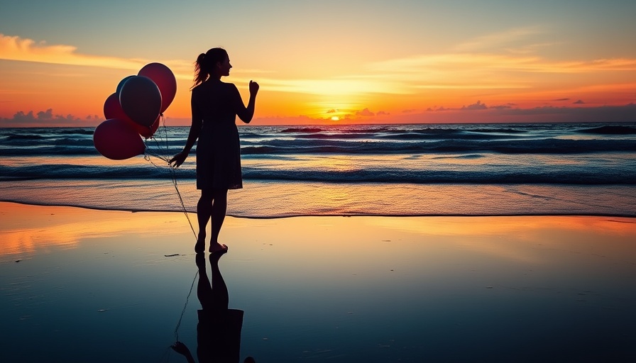 Silhouette of a woman with balloons at sunset on beach; uplifting scene.