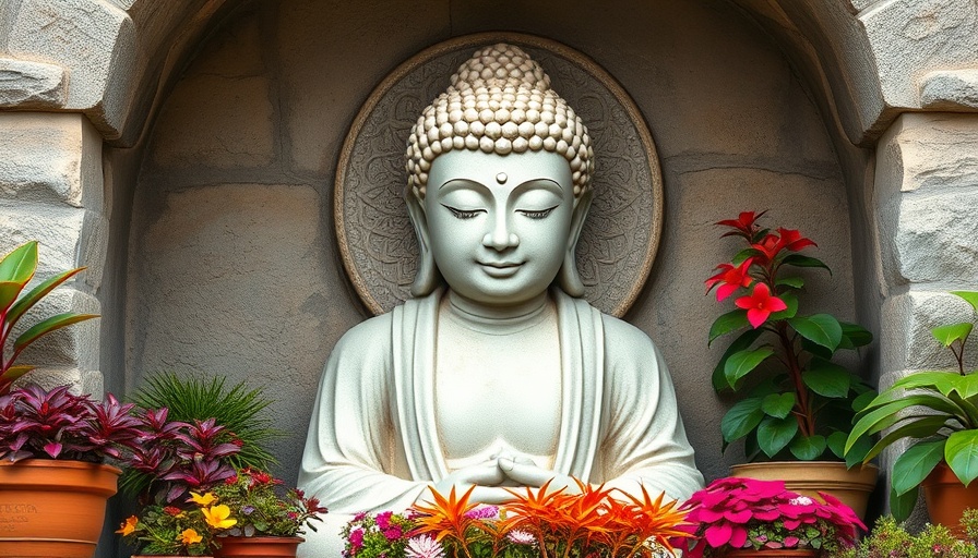 Serene Buddha statue with plants, representing peace in addiction treatment.