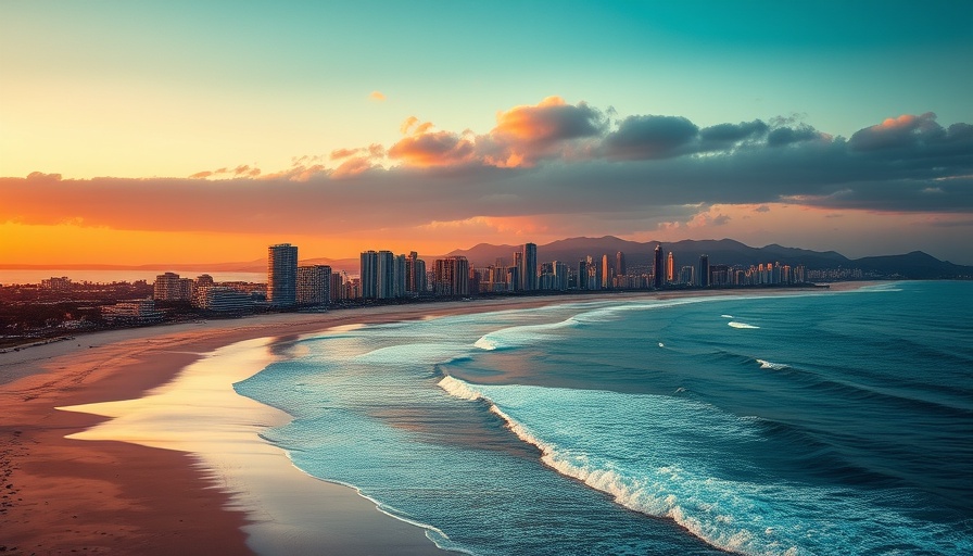 South Africa travel destinations beachfront cityscape at sunset.
