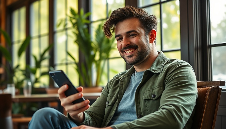Man in cozy cafe smiling with smartphone, greenery behind.