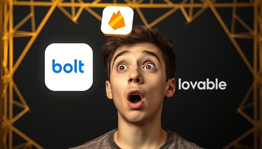 Surprised man comparing Firebase Studio, Bolt, and Lovable logos.