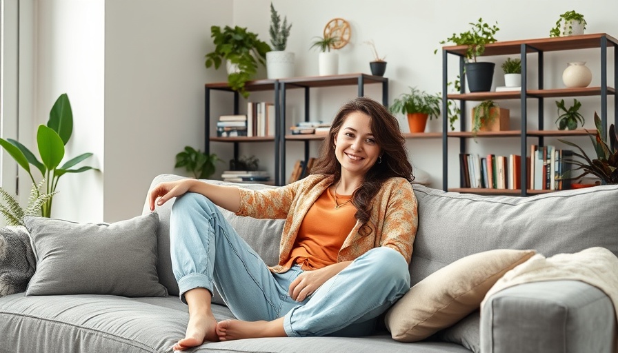 Relaxed young woman enjoying a clean, organized living room, highlighting the importance of cleanliness for health.