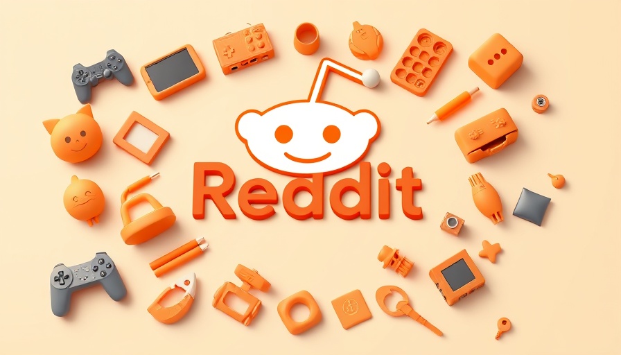 Orange 3D icons around Reddit logo, cartoon style illustration