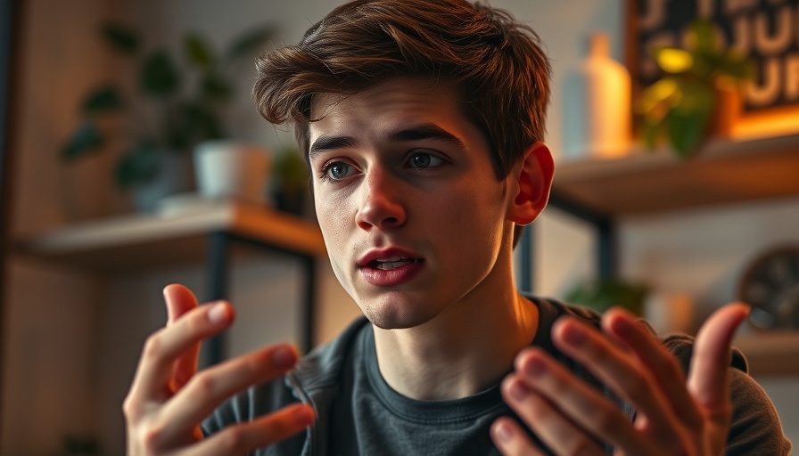 Young man explaining concept on how to face a fear correctly, indoor setting.