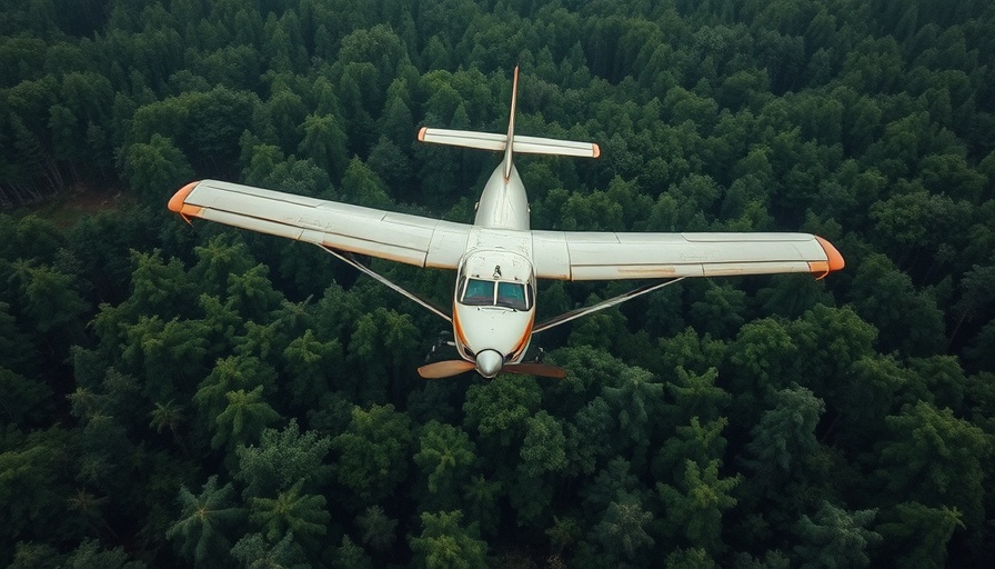 Aerial view of a plane home in forest; transform vehicles into homes.