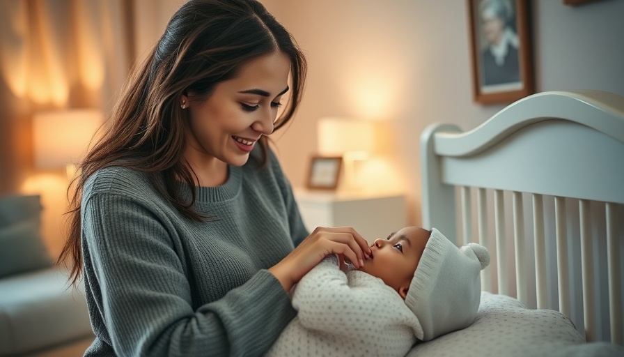 Caring mother soothing baby in crib at night