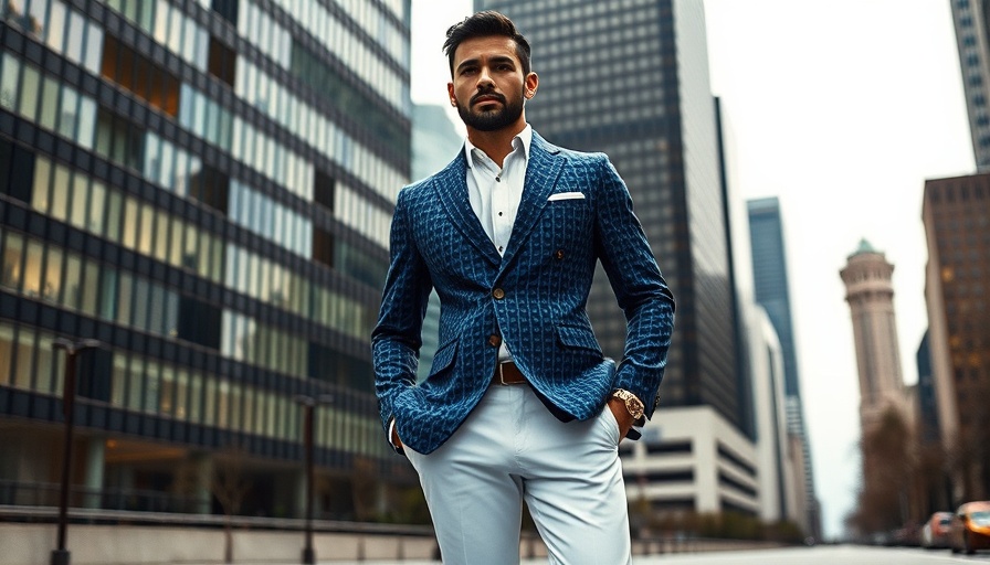 Sophisticated man in blue blazer, urban city backdrop, Ralph Lauren Sustainable Fashion