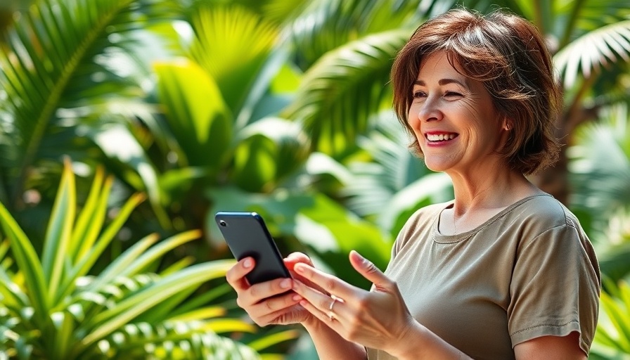 Happy woman enjoying daily meditation benefits for parents in tropical setting.