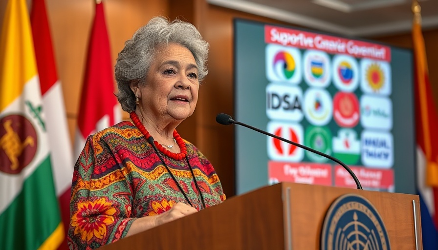 Elderly woman speaking at podium with international flags.