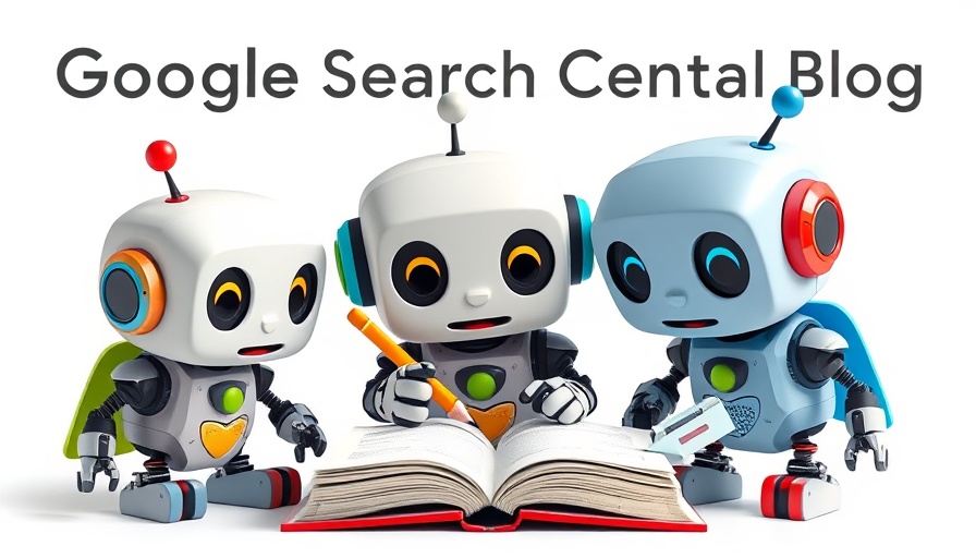 Cartoon robots writing in a book for Google blog.