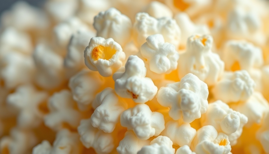 Close-up popcorn showcasing health benefits with text overlay.